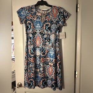 Elegant Blue and Orange Patterned Dress